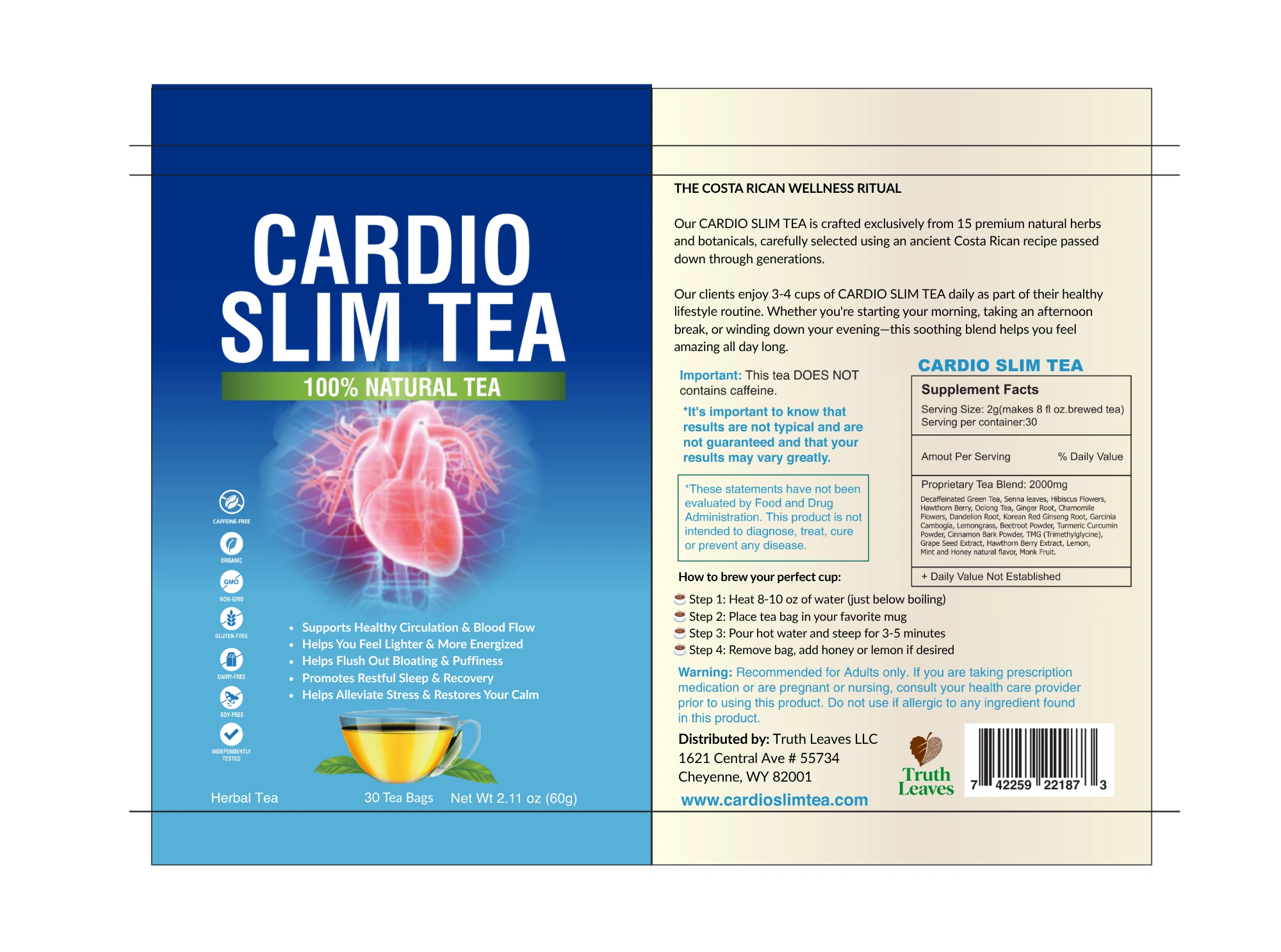 Cardio Slim Tea supplement facts and nutritional label showing 15 plant-based ingredients